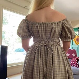 Blue and Cream Plaid Puff Sleeve Adjustable Dress